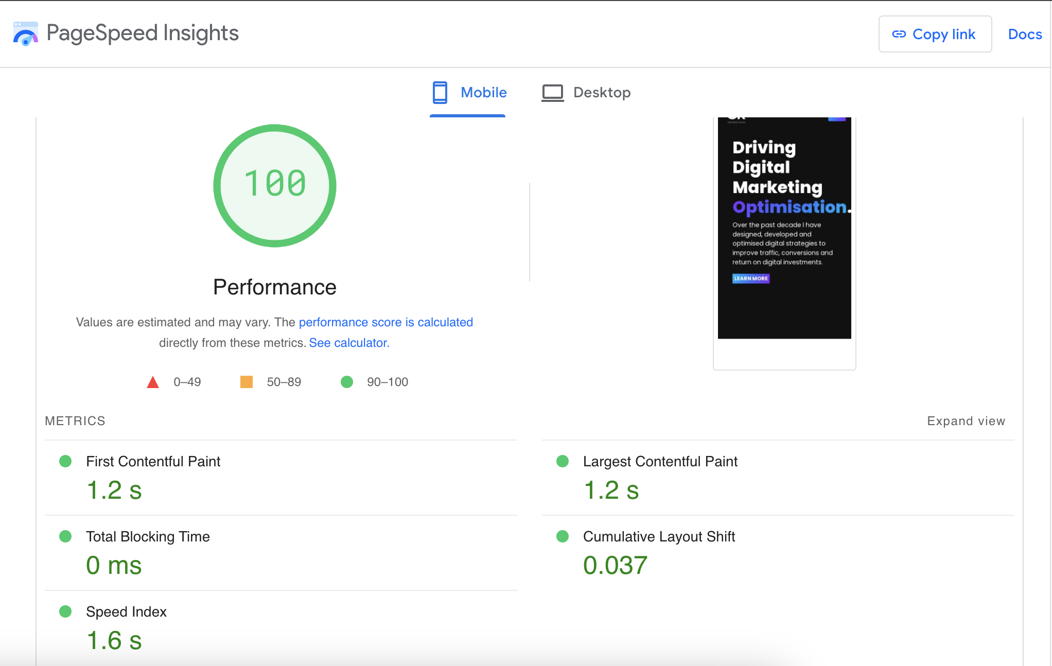 Google PageSpeed Insights Screenshot for georgerouse.com